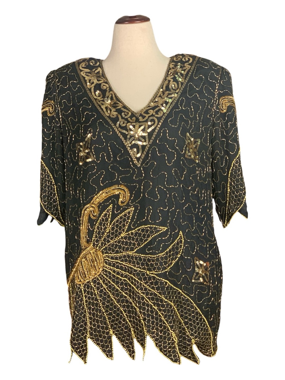 80's Glam Designer Tan Cho 100% Silk Black Blouse Gold Embellishments Size XL